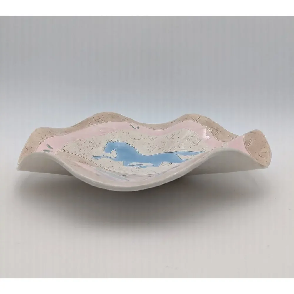 Vintage 1987 Barbara Demery Southwest Ceramic Shallow Bowl – Blue Horse-Signed - Picture 3 of 12